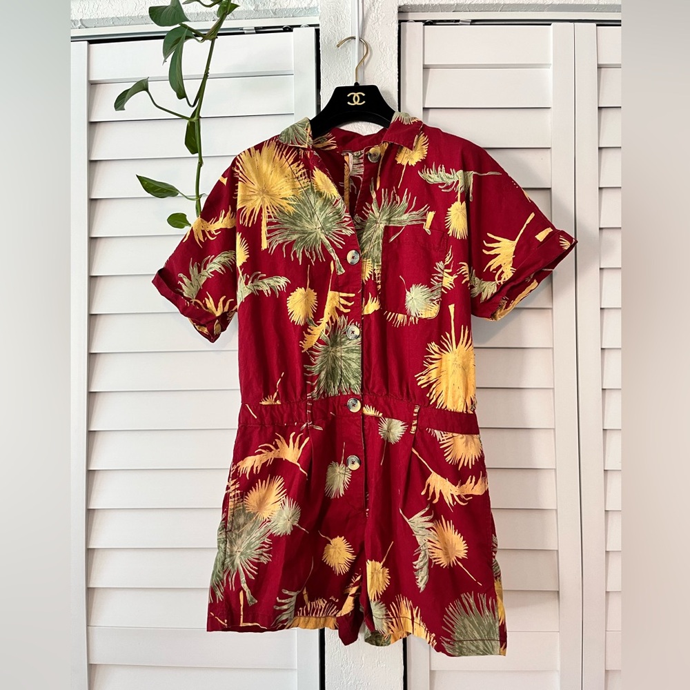 Free People Red Tropical Print Short Sleeve Romper - Picture 4 of 11